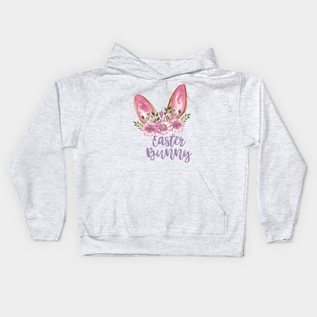 Easter Bunny - Watercolor Ears and Flowers Kids Hoodie by Patty Bee Shop